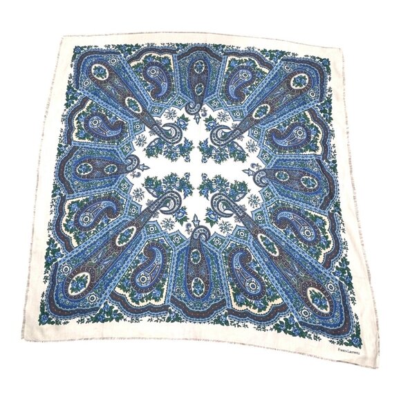 Vintage Franco Laurenti Blue & White Paisley Peacock Floral Scarf 47" X 44" Boho - Picture 1 of 6